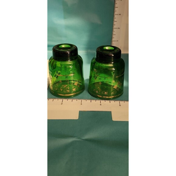 2 Mid-Century Green Glass Shot Glasses – Gold Design Vintage Barware - Picture 2 of 12